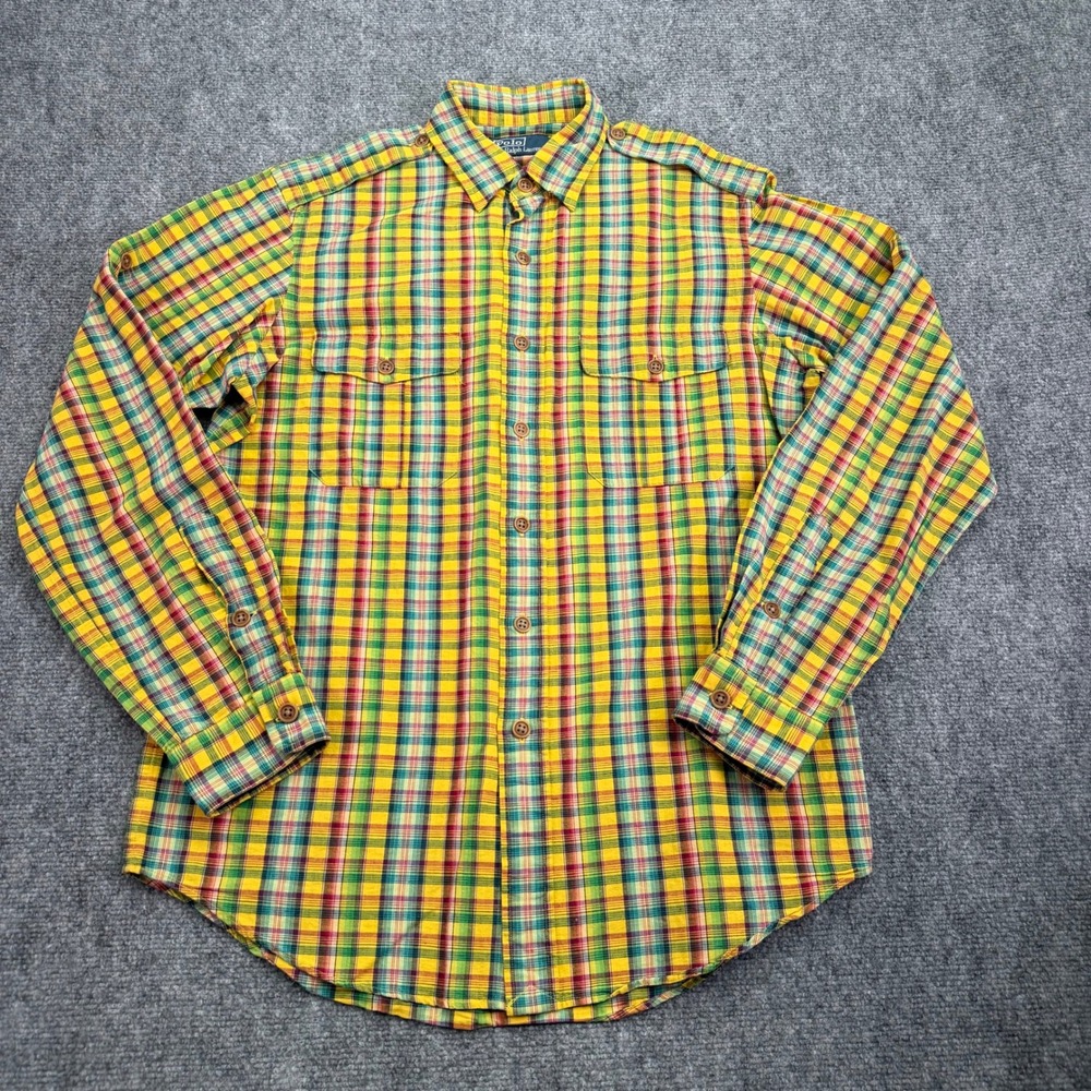 Polo Ralph‎ Lauren Shirt Men Medium Cotton Linen Roll Tab Epaulets Button Up - Picture 4 of 11